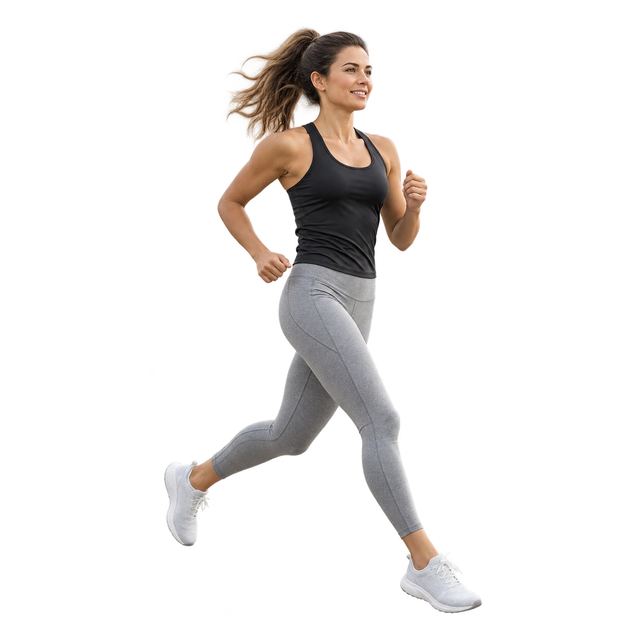 Woman running in neutral athletic clothing